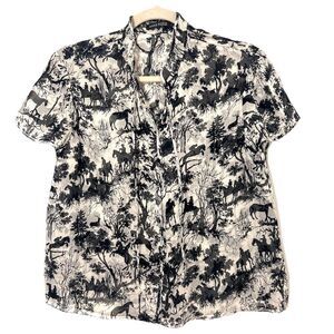 Anne Klein Silk Blouse Size S Tie Front Short Sleeve Forest Fairy Equestrian